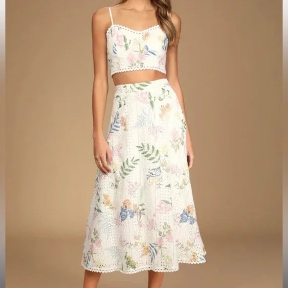 Lulus Floral Lace Midi Skirt and matching top